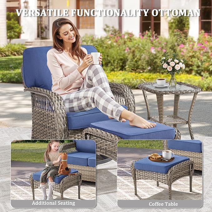 10 PCS Patio Furniture Set Outdoor Sectional Sofa Couch with Rocking Swivel Chairs 5" Deep Seat Chairs, Modern Wicker Rattan Conversation Set, Blue/Gray Wicker
