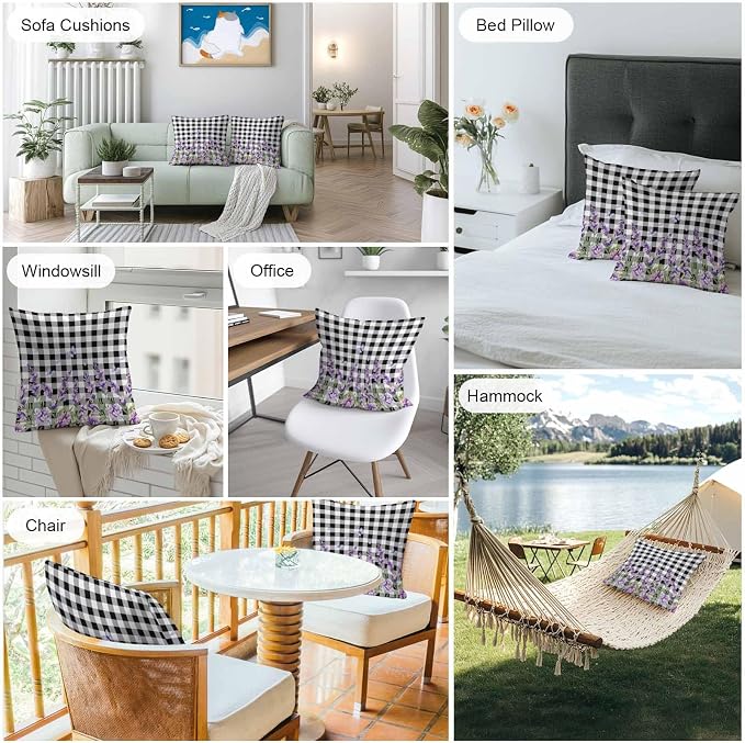 Vandarllin Outdoor Throw Pillows Covers 24x24 inch Set of 2 Waterproof Purple Lavender Flower Decorative Zippered Cushion Covers for Patio Furniture, Butterfly Black Buffalo Plaid Lumbar Pillowcases