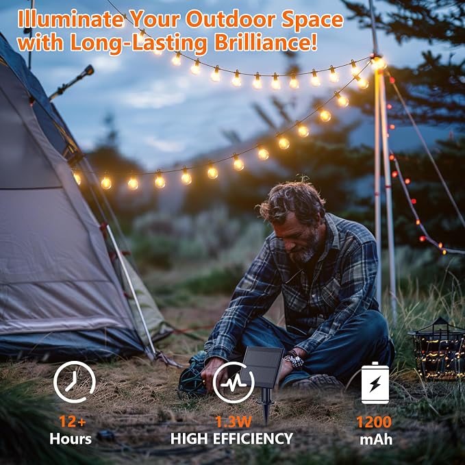 Kawaya G40 Outdoor String Lights Solar 31FT IP65 2700K LED Patio Light | IP65 Shatterproof Hanging Edison Blubs,2700K Warm White for Garden Porch Fence Camping Party Backyard Deck Bistro Balcony