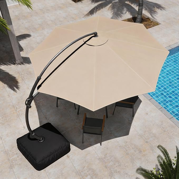 LAUSAINT HOME 11ft Patio Cantilever Umbrella with Base Included, Outdoor Curvy Round Offset Umbrella, Heavy Duty Aluminum, 360° Rotation for Pool, Deck, Lawn, Backyard (Beige)
