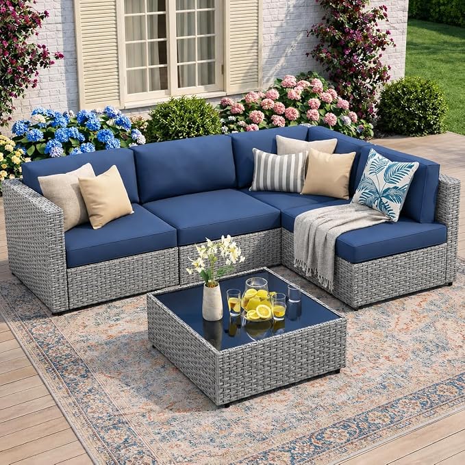 JAMFLY 5-Piece Patio Furniture Set, All-Weather Wicker Outdoor Sectional Sofa with Soft Cushions, Modular Conversation Set for Backyard, Deck, Garden & Poolside(Aegean Blue Cushion)