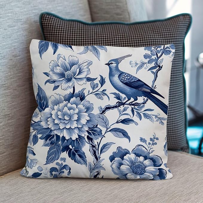 Blue Indigo Floral Chinoiserie Cushion Cases Asian Navy Lotus Bird Throw Pillow Cover Farmhouse Outdoor Waterproof Decorative Pillow Cover for Patio Funiture Garden 16x16 in