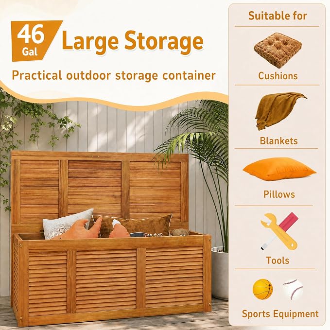 HOMGX Acacia Wood Deck Box with Teak Oil Finish, Sturdy Outdoor Storage Bench for Patio Garden Backyard, Versatile Patio Storage Box with Ventilated Slats & 355 lbs Capacity, 46 Gallon, Natural