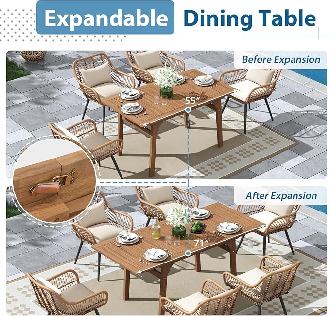 JOIVI Outdoor Dining Set for 6, 7-Piece Patio Table and Chairs Set, Patio Outdoor Furniture Set with Extendable Dining Table for Porch, Deck, Bistro, Backyard, Garden, Creamy White
