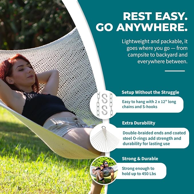Bliss Hammocks BH-415 2-Person Weekender 12’ Long Deluxe Rope Hammock, 4 mm Thick Handwoven Polyester Rope, Patio Yard Poolside Outdoor Hammock, 55-Inch Spreader Bar Supports up to 450 lbs, Natural