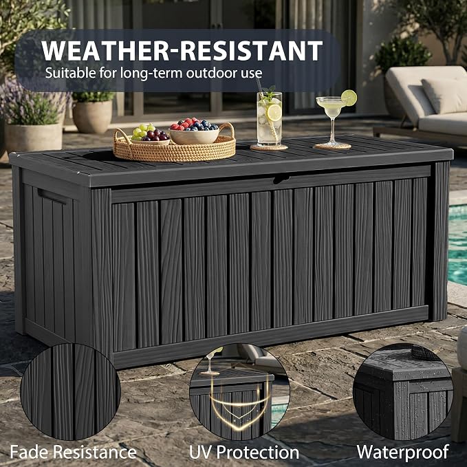 150 Gallon Large Waterproof Deck Box with Hydraulic Support Lid, Lockable UV Resistant Resin Patio Storage Bench for Garden Tools, Pool Accessories, Outdoor Cushions, Indoor & Outdoor Use