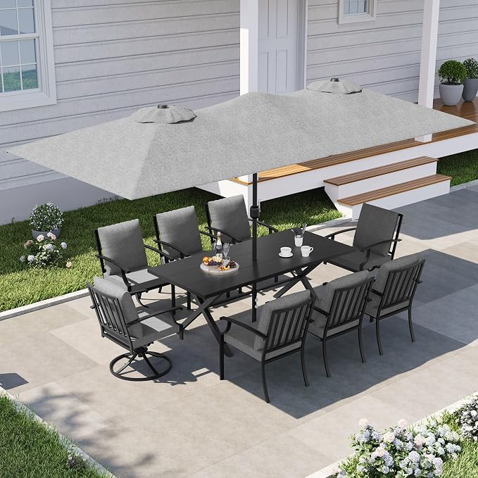 10 PCS Outdoor Patio Dining Set with 13.6ft Double-Sided Patio Umbrella,Patio Table and Chairs Metal Outdoor Patio Furniture Set,Dining Table Set with Swivel Chairs,Grey