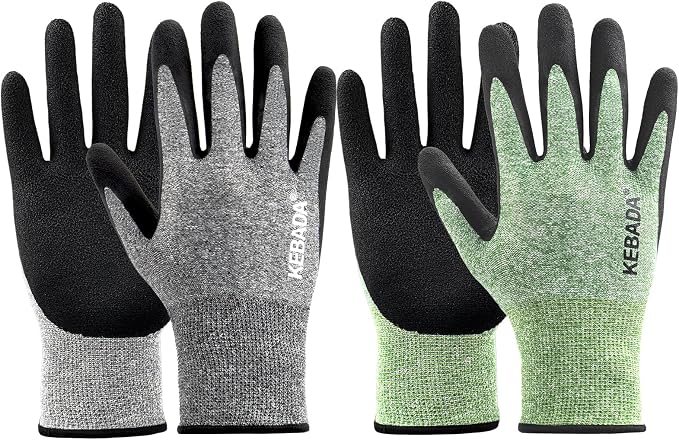 Kebada Gardening Gloves for Men, Foam Latex Coated, Green & Gray, 2 Pairs | Large, breathable garden gloves, stretchable fit, made from recycled PET bottles. Ideal for gardening and general-duty work