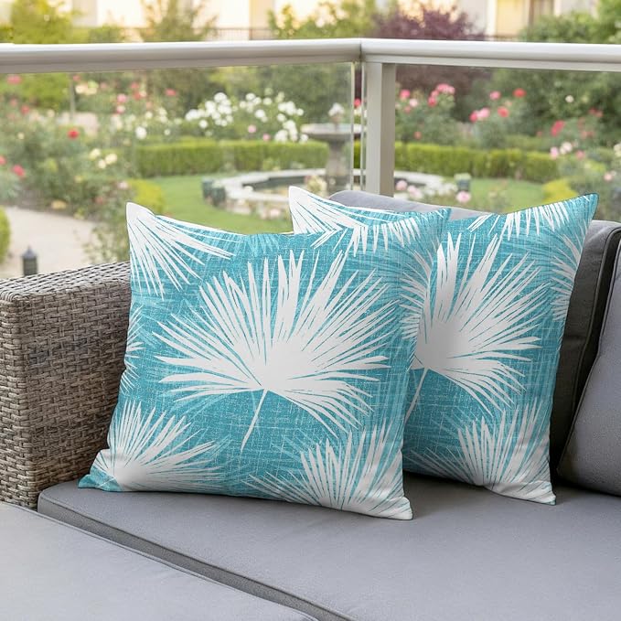 Throw Pillow Covers 26x26 Inch Set of 2, Aqua Blue Palm Leaves Coastal Waterproof Outdoor Pillow Covers, Summer Tropical Botanical Decorative Cushion Pillowcases for Couch, Sofa, Bed, Garden, Patio