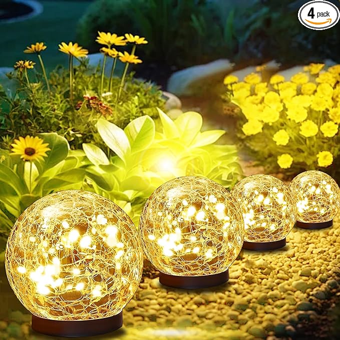Solar Lights Outdoor Waterproof 30LEDS, 4 Pack Cracked Glass Solar Globe Lights Outdoor with Auto On/Off, Outside Decorations for Yard,Garden,Patio, Pathway,Landscape - Warm White
