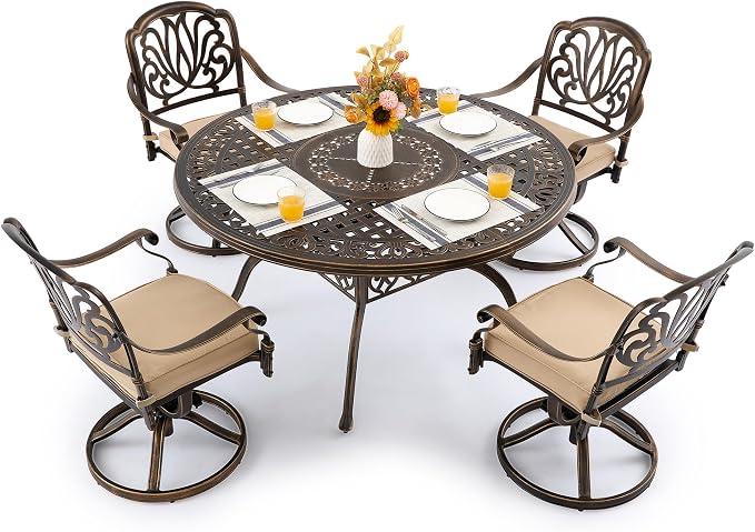 Outdoor Dining Set Cast Aluminum Retro Patio Dining Set with Thicker Cushion and Umbrella Hole for Patio Deck (Bronze Swivel Chair(Elizabeth), 5 Pcs(54" Round Table))