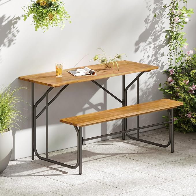 Tangkula Patio Dining Bench Set for 2, Heavy-Duty Outdoor Acacia Wood Dining Furniture with Metal Legs for Balcony, Backyard, Poolside, Garden (1,52” x 32” x 29.5”)