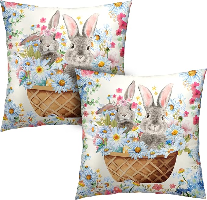 Easter Bunny Pillow Covers 18x18 Spring Rabbit Daisy Floral Throw Pillow Covers A Basket Filled with Lovely Bunny and Flowers Pillowcase Cushion Case for Sofa Patio Garden 2 Pack