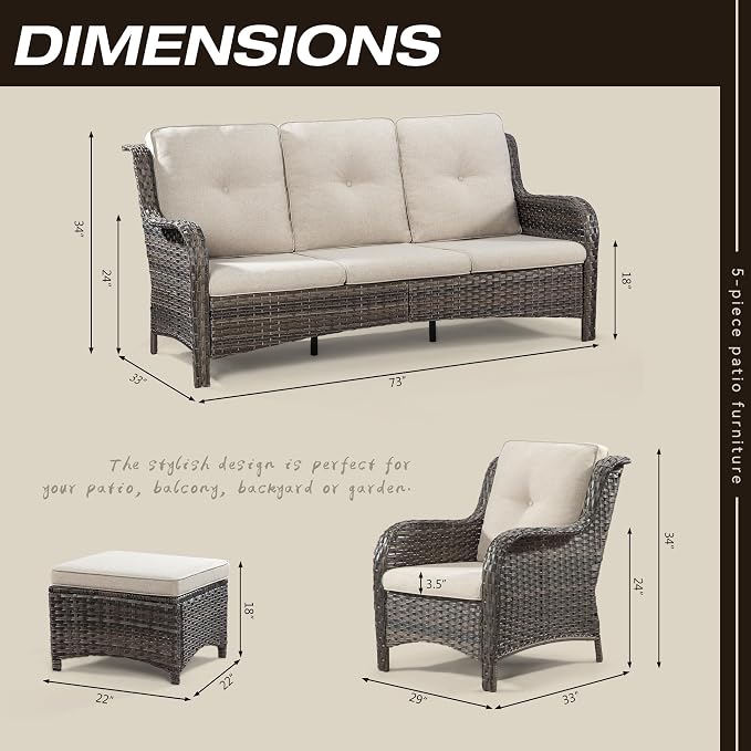Patio Furniture Set 5-Piece Wicker Outdoor Furniture Conversational Set with 3-Seat Sofa, 2 Armchairs, 2 Ottoman Patio Rattan Wicker Sectional Sofa Set with Olefin Cushions, Beige
