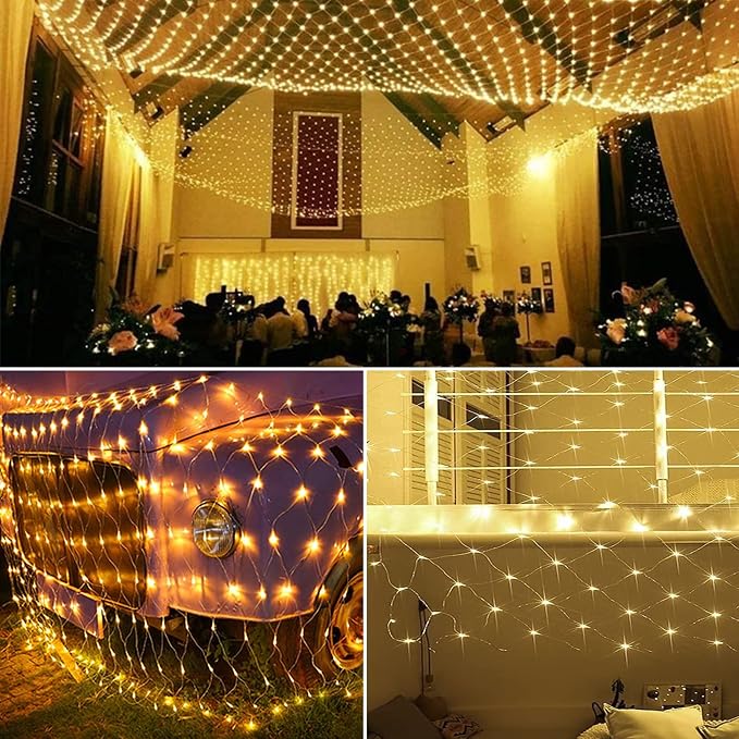LJLNION Christmas Net Lights, 360 LED 12ft x 5ft Connectable Mesh Fairy String Lights,8 Modes Low Voltage Safe Adaptor for Xmas Trees, Bushes, Wedding, Outdoor Garden Decorations, Warm White