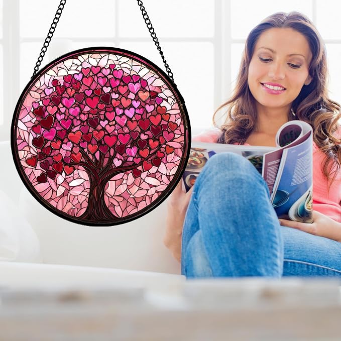 Stained Glass Window Hanging, Birthday Gifts for Women Mom Grandma Nana Wife Couple, Pink Love Tree Suncatcher for Doors Window Home Sun Catchers Gifts Decor 14.9 in