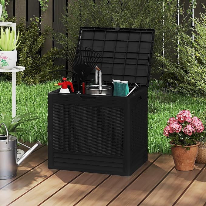 Tangkula 25 Gallon Outdoor Storage Box, Waterproof PP Resin Patio Storage Box with with Lockable Lid for Indoor & Outdoor Use, 2-in-1 Rattan Design Deck Box for Patio Cushions, Garden Tools