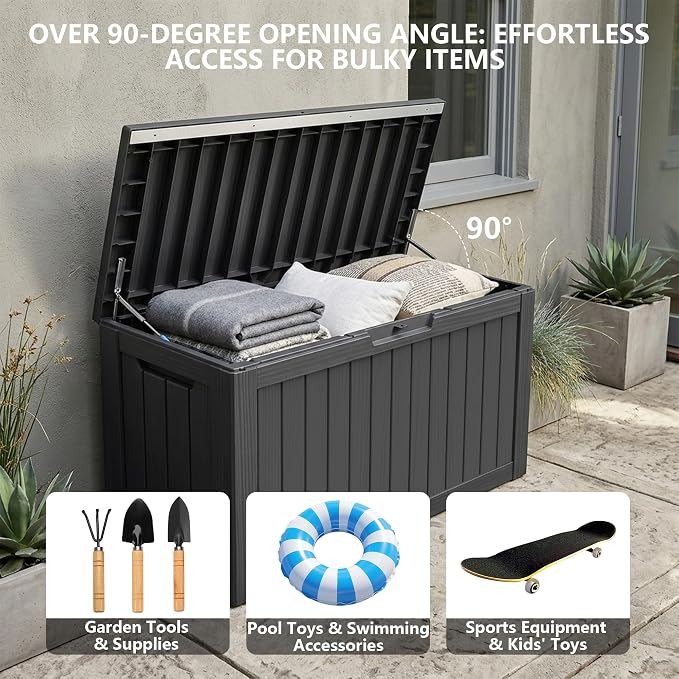 Outdoor Storage Box, 90 Gallon Waterproof Deck Box [Upgraded 3.0], Robust Weatherproof Organizer for Deep-Seat Cushions, Sports Equipment, Lockable Garden Tool Bench Seat, Side Yard, Black
