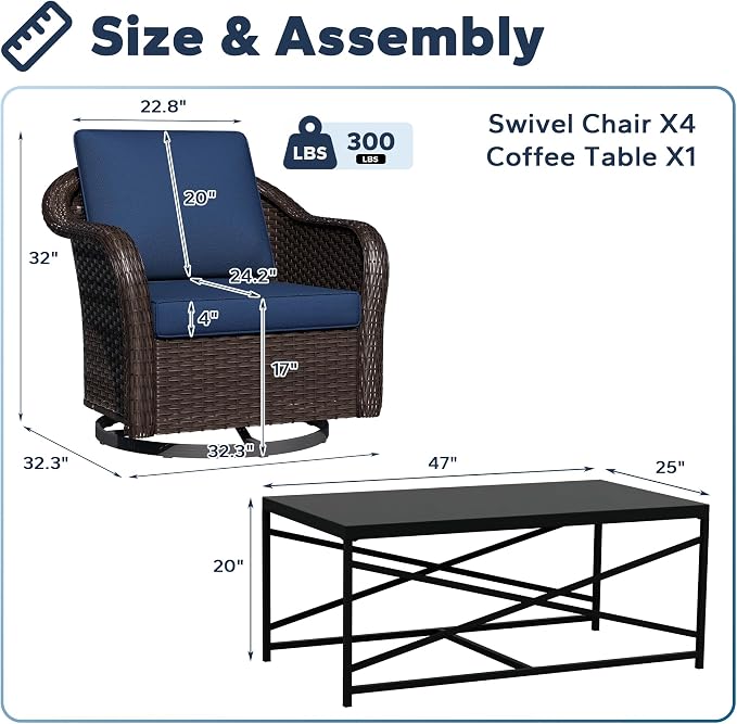5 Pieces Outdoor Patio Conversation Furniture Set, 4 Pieces Rattan Glider 360 Degree Swivel Rocker Chairs with Removable Cushions, Coffee Table for Porch, Poolside (Navy Blue)
