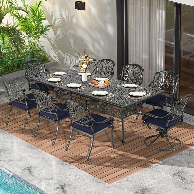 MEETWARM 9-Piece Outdoor Patio Dining Set, All Weather Cast Aluminum Patio Funiture Table and Chairs Set- 94.5” Rectangular Table and 2 Swivel Rocker Chairs, 6 Stationary, Umbrella Hole, Navy Blue