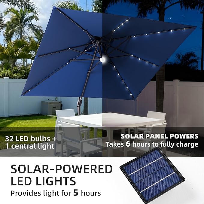 JZAC & QZYD 9x9 FT Outdoor Cantilever Patio Umbrella with Solar LED Lights, Large Heavy Duty 2-Tier Canopy Square Aluminum Offset Umbrellas with 360-Degree Rotation for Pool Deck Backyard, Navy
