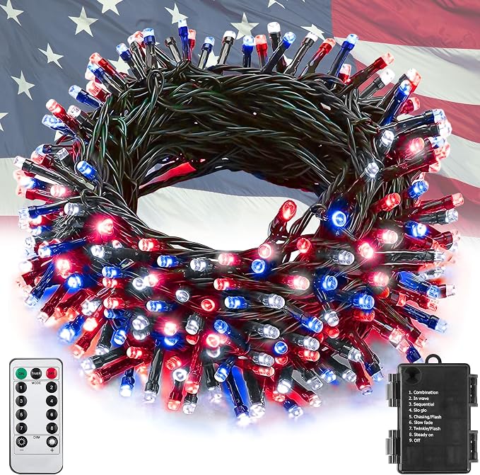 100LED Red White and Blue Lights for 4th of July Decoration, 33Ft Battery String Lights Indoor Outdoor Waterproof, 8 Modes Lights for Independence Day American Flag Holiday