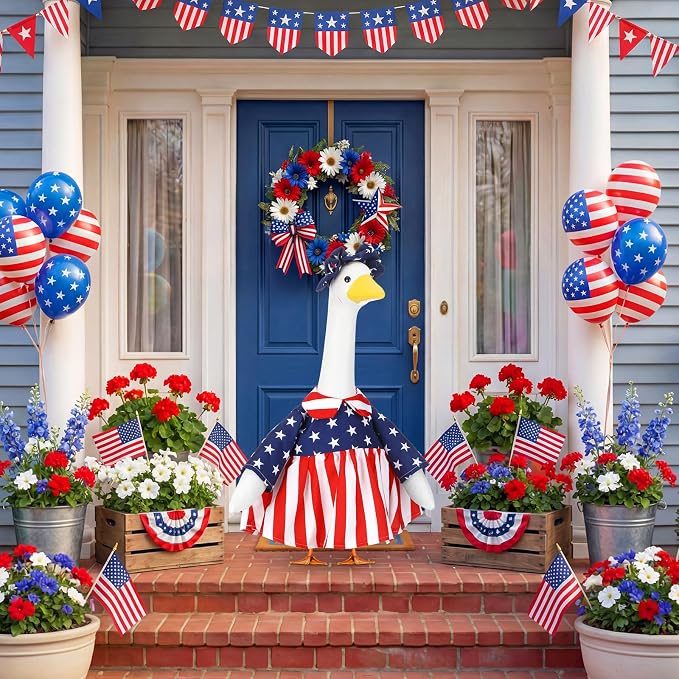 Abbylike 4th of July Porch Goose Outfit Patriotic Goose Outfit 250th Red White and Blue Yard Geese Costume Clothes Fits Large 23'' Cement Statue for Independence Day Patio Garden Art Decoration