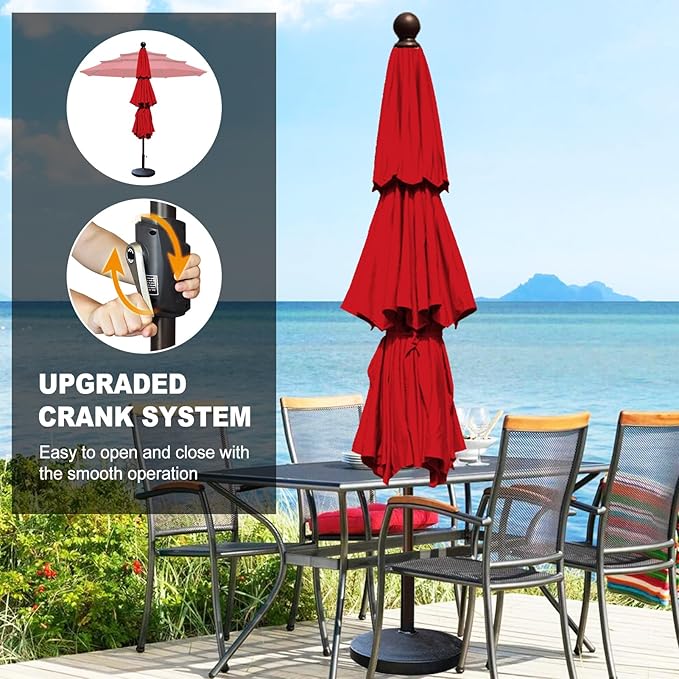 Eurmax USA 10-Year-Non-Fading 10FT 3-Tier Outdoor Patio Market Umbrella,UPF50+ UV Resistant,Heavy Duty Commercial Grade,Crank Lift Design,Windproof Vented Top for Garden,Pool,Deck,Logo Red