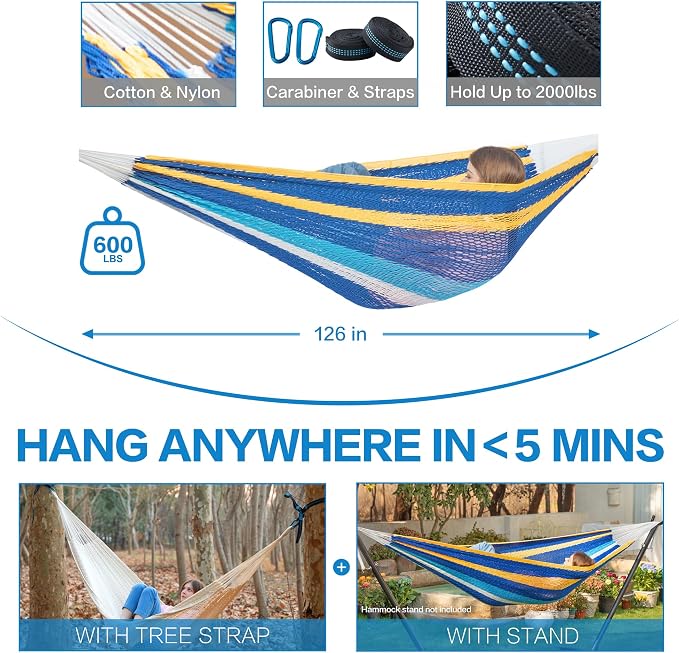PNAEUT Handwoven Mayan Hammock, Thick Soft Rope Double Hammock for Outdoor Outside & Indoor, 600 lbs Capacity Heavy-Duty, Includes Tree Straps, Carabiners & Carrying Bag (Caribbean Sea, X-Large)