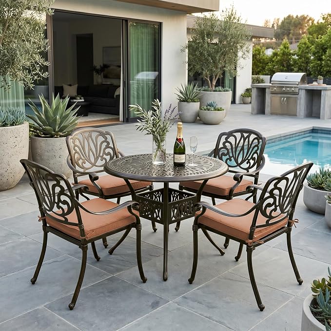 VIVIJASON 5-Piece Outdoor Patio Dining Set, All-Weather Cast Aluminum Conversation Set, Patio Furniture Set for Balcony Lawn Garden, Include 4 Cushioned Chairs, a 35.4 inch Round Table w/Umbrella Hole