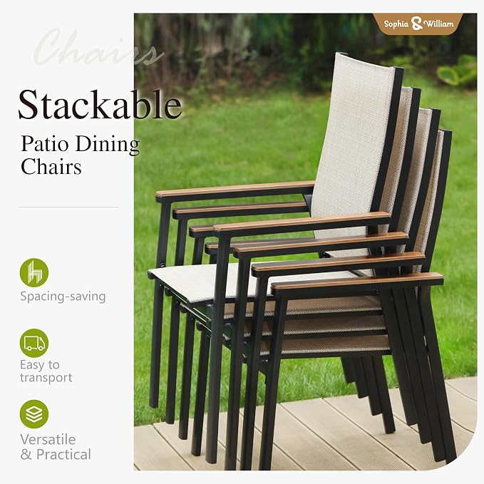 Sophia & William Outdoor Dining Set 7 Pieces, 6 x Aluminum Patio Dining Chairs and Large 64" Metal Dining Table, Space-Saving and Lightweight for Patio Lawn Garden (Beige)