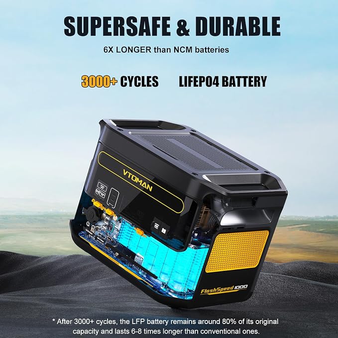 VTOMAN FlashSpeed 1000 Portable Power Station, 828Wh LiFePO4 Battery Solar Generator with Expandable Capacity 2376Wh, 1H Fast Charging(0-80%), 2000W Peak for Home Backup, Camping, Power Outages