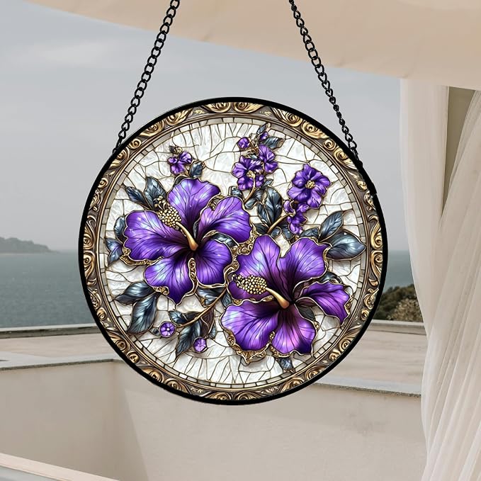 DASTOLL Stained Glass Window Hanging, Purple Flowers Romantic Suncatcher for Doors Home Sun Catchers Decoration and Christmas, Mother's Day Birthday Gifts for Women, Men, and Mom 14.9x14.9 in