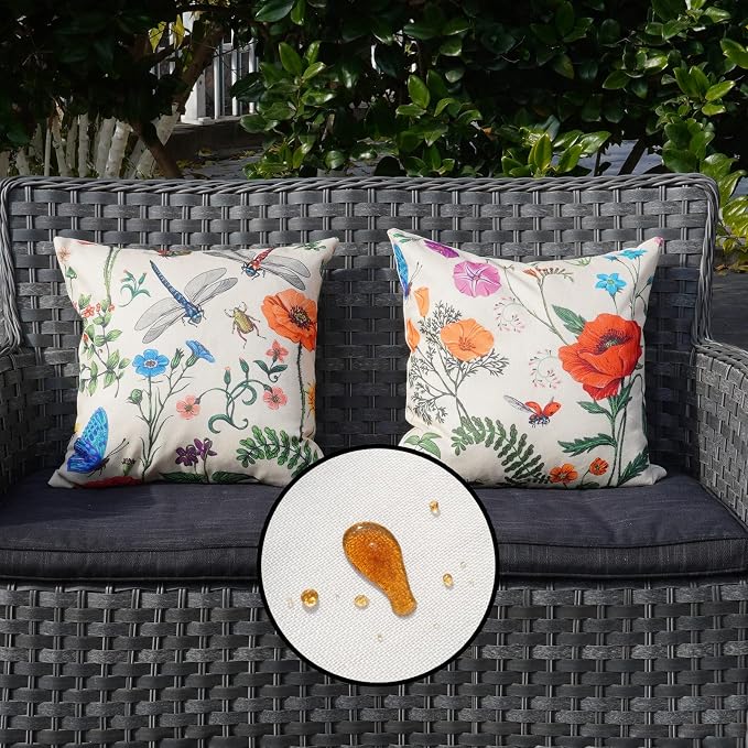 ONWAY Spring Summer Outdoor Waterproof Pillow Covers Set of 4 Floral Farmhouse Throw Pillows Decorative Cushion Cases for Outdoor Couch Sofa Patio Furniture Home Decoration (Beige, 18x18 Inch)