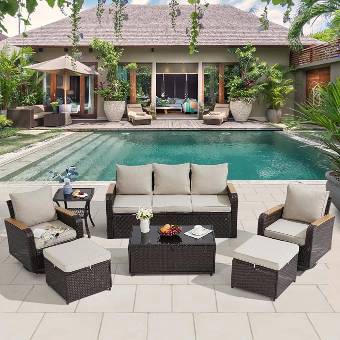 7 Pieces Outdoor Furniture Set with Swivel Chairs, Wicker Patio Furniture for Porch Deck Bistro Lawn Garden Backyard Poolside-Khaki