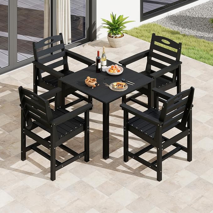 Domi HDPE Outdoor Dining Set, All-Weather Outdoor Dining Table Set of 5 with 2" Umbrella Hole, Outdoor Patio Dining Set for Garden, Poolside, Backyard, Deck, Black