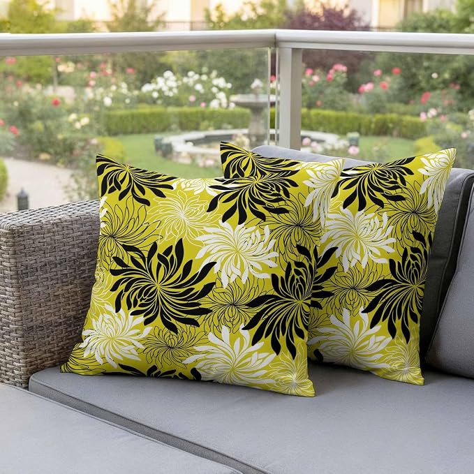 Yukro Yellow Black Floral Outdoor Waterproof Pillow Covers Pack of 2, Vintage Yellow White Black Flower Decorative Throw Pillowcases Cushion Covers for Garden Patio Tent Sofa Couch, 18x18 inch