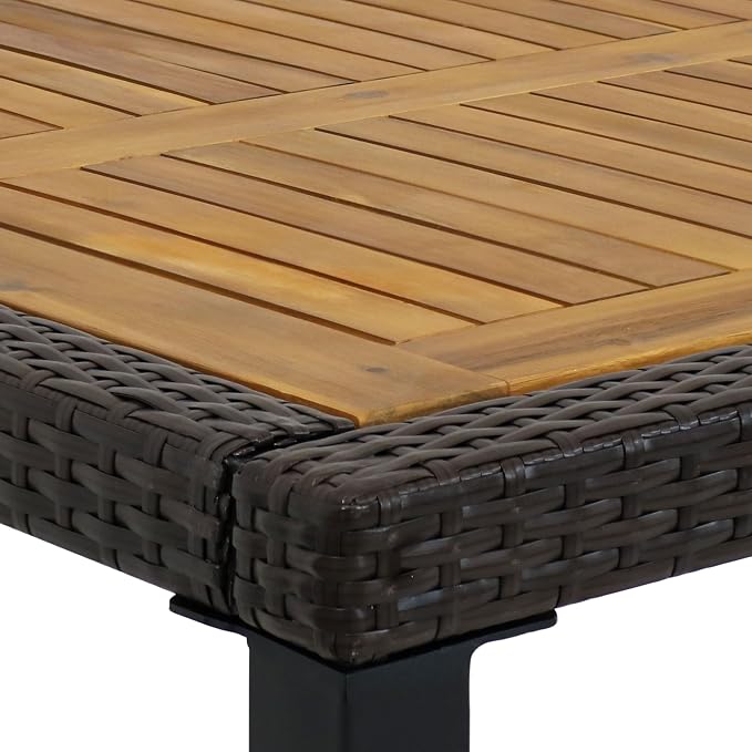 Sunnydaze Carlow 7-Piece Rattan and Acacia Outdoor Dining Set - 1 Table and 6 Chairs with Seat Cushions - Blue Stripe