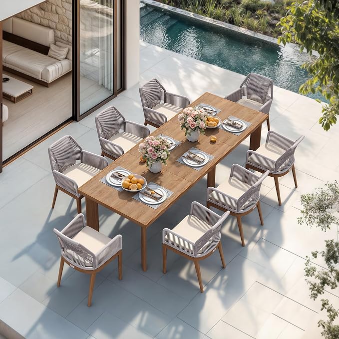 PURPLE LEAF 9 Pieces Patio Dining Set Aluminum Rectangular Table and Rattan Arm Chairs with Cushions for Kitchen Porch Garden Modern Outdoor Furniture Sets