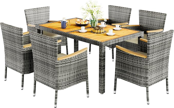 Vongrasig 7 Piece Small Patio Dining Set, Space-Saving Outdoor Wicker Furniture Conversation Set with Wood Table and Cushioned Rattan Chairs for Lawn, Garden, and Backyard (Gray)