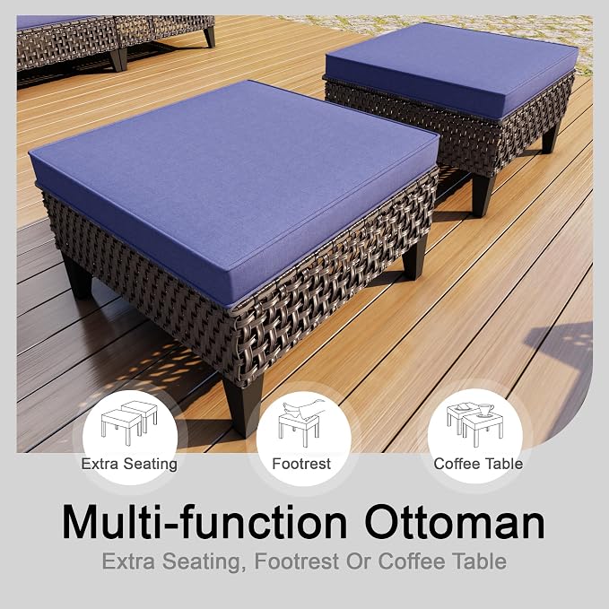 7-Piece Outdoor Patio Furniture Set, Wicker Conversation Set with Armchairs and Ottomans, Rattan Sectional Modular Sofa Couches for Porch, Poolside, Deck, Balcony, Backyard, Yard (Blue Cushions)