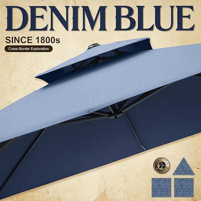 PURPLE LEAF 12FT Sunbrella Cantilever Umbrella Outdoor Square Double Top Large Offset Hanging 360° Rotation Heavy Duty Umbrella for Garden Patio Deck Pool Backyard Spectrum Denim