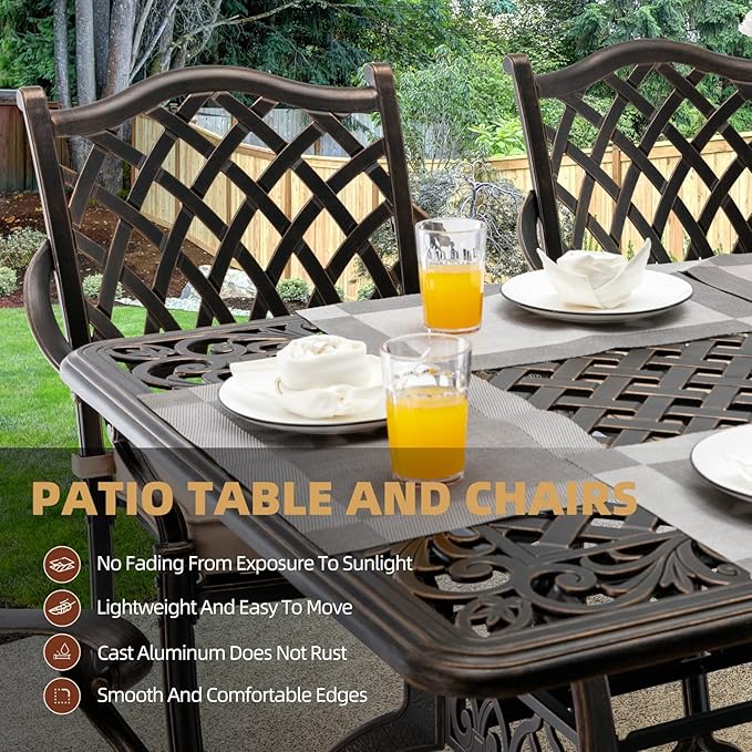 7-Piece Cast Aluminum Outdoor Table and Chairs, Antique Bronze Patio Dining Sets Include 60" Large Patio Dining Table and 6 Chairs with Removable Cushion