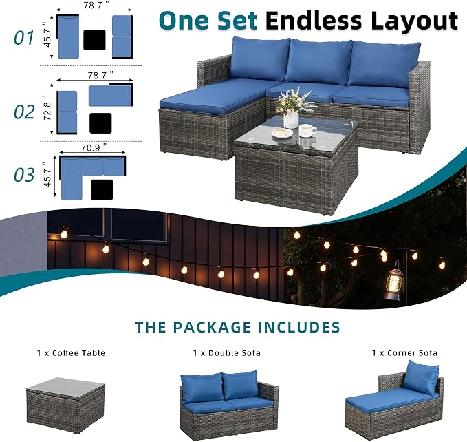 SUNLEI 3-Piece Patio Sectional Sofa, Patio Furniture Set with Detachable Soft Cushions, Outdoor PE Rattan Patio Conversation Sofa Set with Glass Coffee Table & Ottoman, Silver Rattan/Blue