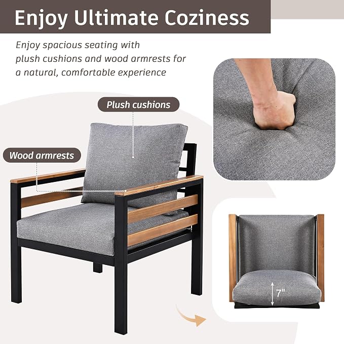 VilroCaz 4-Piece Outdoor Patio Furniture Sectional Sofa Set with Acacia Wood Armrests, All-Weather Conversation Set with Removable Cushion and Solid Wood Coffee Table for Garden Backyard (Grey-TH)