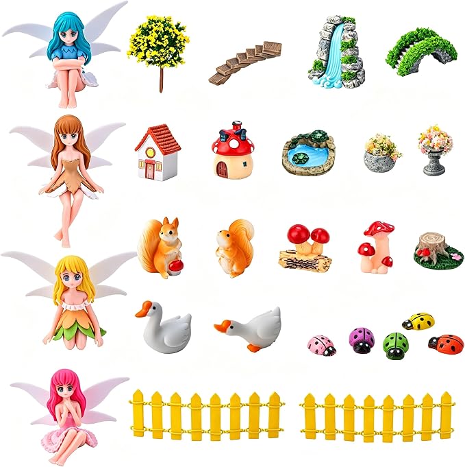 Miniature Fairy Garden Kit 27Pcs Cute Mushroom Figurines & Plants Set Fairy Garden Accessories Tiny Furniture Decor for Terrarium Potted Plant Ornament for Home Desk