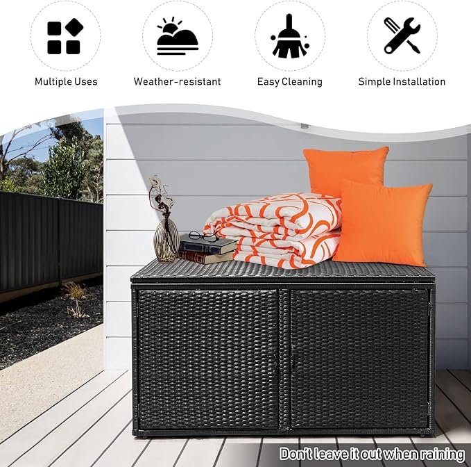 Tangkula Outdoor Wicker Storage Box, Garden Deck Bin with Steel Frame, Rattan Storage Box with Lid, Ideal for Storing Tools, Accessories, 88 Gallon Capacity (Black)