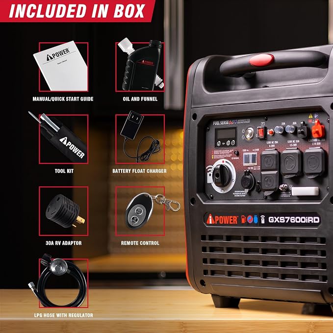 A-iPower 7600-Watt Dual Fuel Inverter Generator Remote Start, Power Supplies with 322cc OHV Engine, CO Sensor, Gas and Propane Powered, for Backup Home Use, Tailgating, RV, Power Outages(GXS7600iRD)