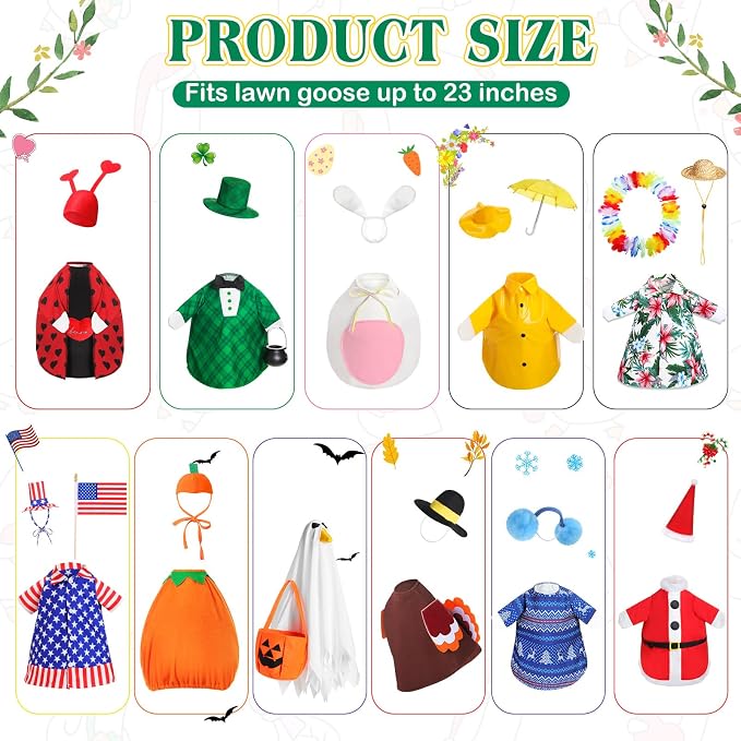 11 Set Holiday Porch Goose Outfits All Seasons Goose Clothes Umbrella Easter Statue Costume for Patio Lawn Outdoor