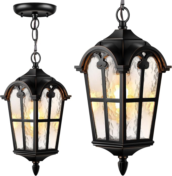 VIANIS Black Outdoor Pendant Light Lantern with Gold Trim, Outdoor Hanging Lights with Ripple Glass, Aluminum Outside Chandelier for Porch Waterproof and Anti-rust, Ceiling Fixtures for House Entryway